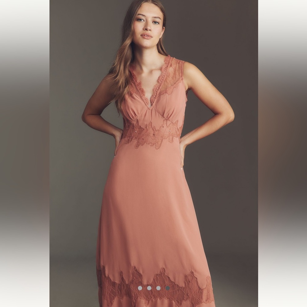 Anthropologie V-Neck Lace-Panel Slip Maxi Dress - Dusty Rose - Size XS - BNWT